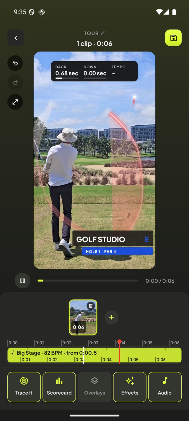 A golf swing filmed from behind the golfer, open in Golf Studio's editor with the club tracer and a scorecard over the video