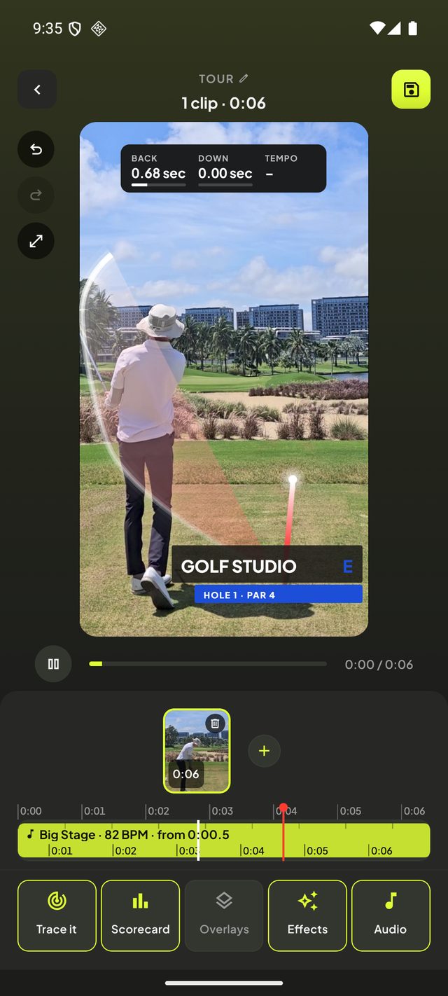 Golf swing tempo app: Golf Studio's tempo panel timing the backswing and downswing over a swing video